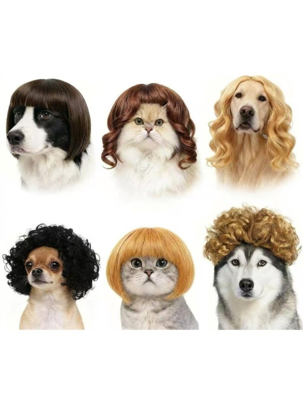 6 Pack Funny Pet Wigs for Cats & Dogs - Soft Cosplay Costumes, Adjustable